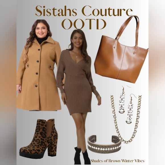 Sistahs Couture Dresses & Skirts - Shades of Brown Winter Outfit | Chic Neutral Dress, Coat, Tote & Leopard Booties